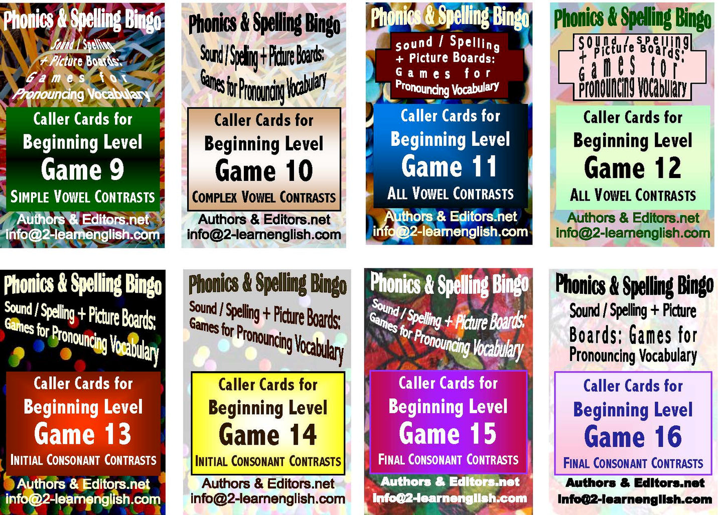 B-07b Phonics & Spelling Bingo - Beginning Level (60-Page Activities & Ideas Book + 20 x 4 Pages of Games 9-16) (Digital Version)
