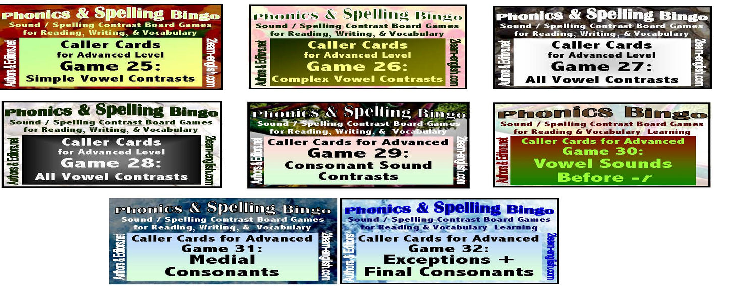 B-07d Phonics & Spelling Bingo - Advanced Level (60-Page Activities & Ideas Book + 20 x 4 Pages of Games 25-32) (Print Version + Shipping)