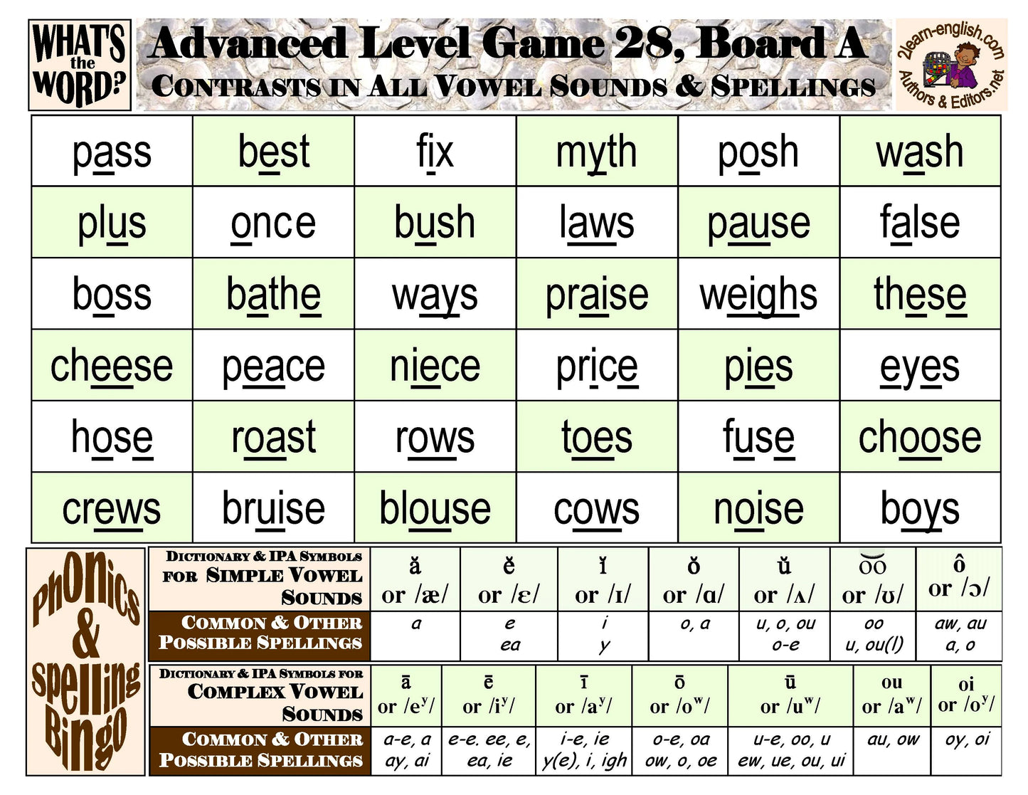 B-07d Phonics & Spelling Bingo - Advanced Level (60-Page Activities & Ideas Book + 20 x 4 Pages of Games 25-32) (Print Version + Shipping)