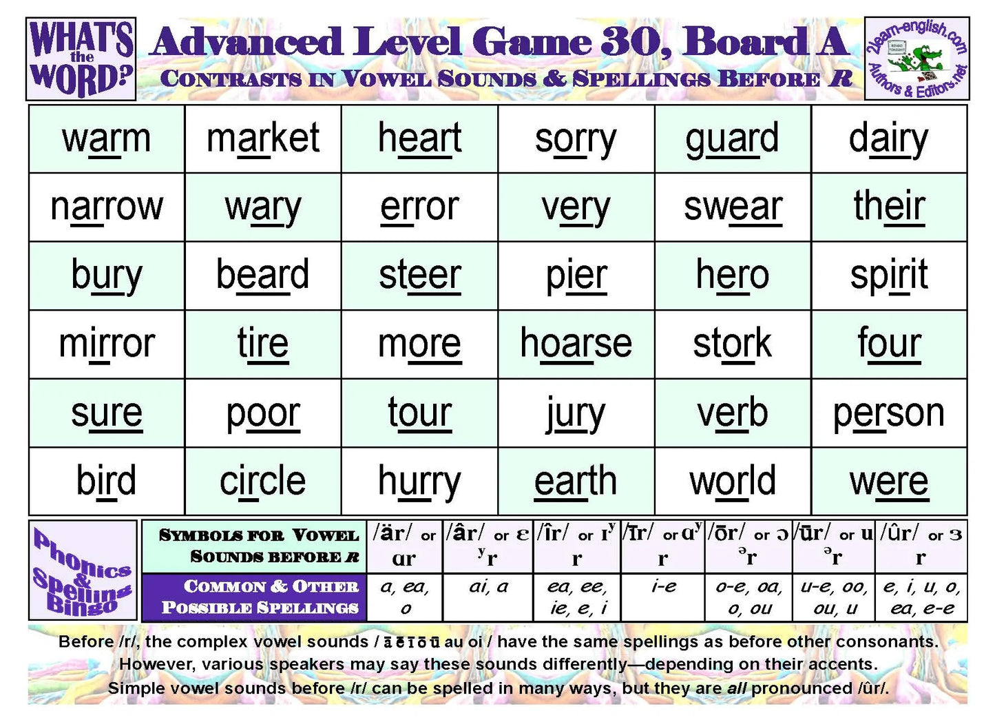 B-07d Phonics & Spelling Bingo - Advanced Level (60-Page Activities & Ideas Book + 20 x 4 Pages of Games 25-32) (Print Version + Shipping)