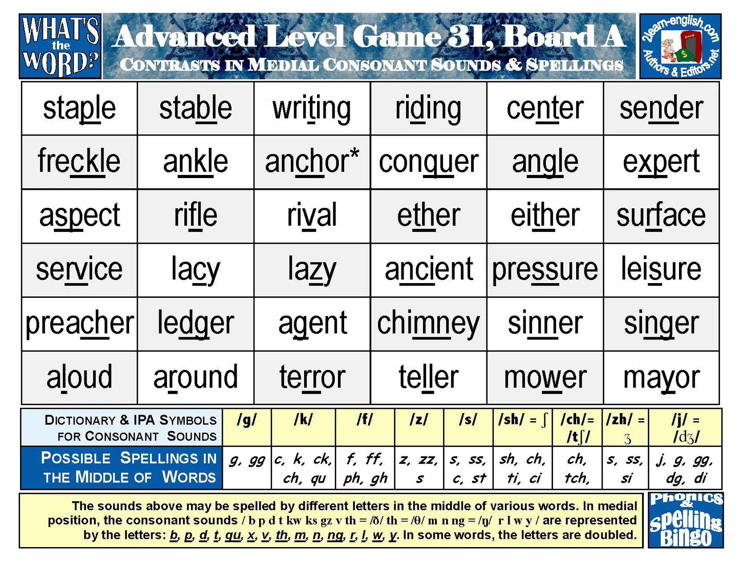 B-07d Phonics & Spelling Bingo - Advanced Level (60-Page Activities & Ideas Book + 20 x 4 Pages of Games 25-32) (Print Version + Shipping)