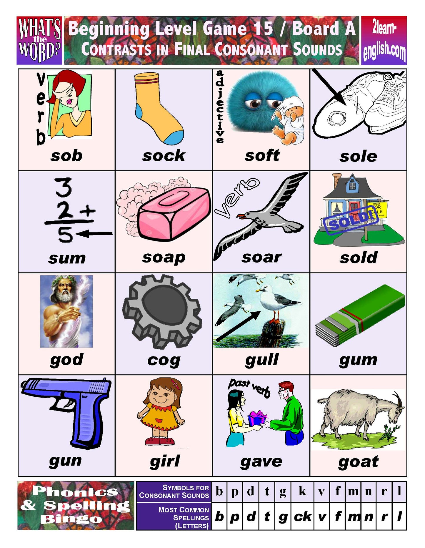 B-07b Phonics & Spelling Bingo - Beginning Level (60-Page Activities & Ideas Book + 20 x 4 Pages of Games 9-16) (Digital Version)