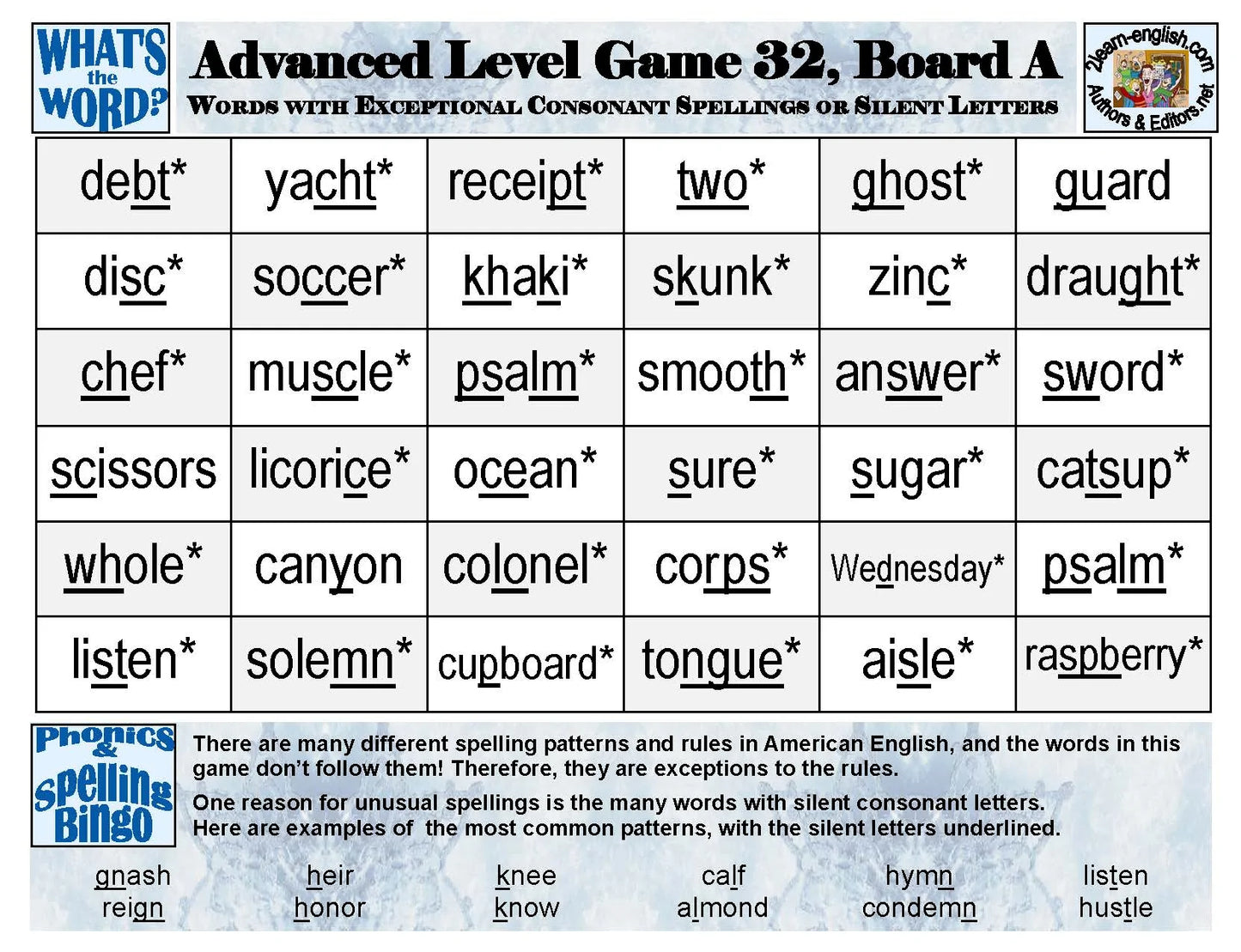 B-07d Phonics & Spelling Bingo - Advanced Level (60-Page Activities & Ideas Book + 20 x 4 Pages of Games 25-32) (Print Version + Shipping)