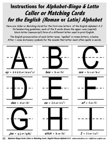 Alphabet Teaching Instructions for Bingo and Lotto Cards