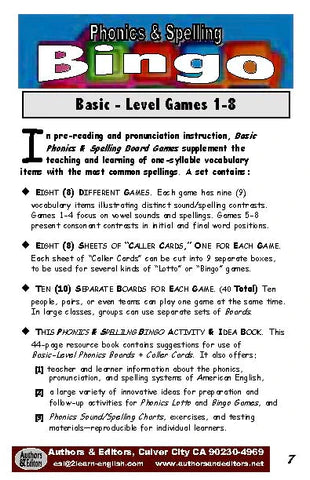 B-07a Phonics & Spelling Bingo - Basic Level (60-Page Activities & Ideas Book + 20 x 4 Pages of Games 1-8) (Print Version + Shipping)
