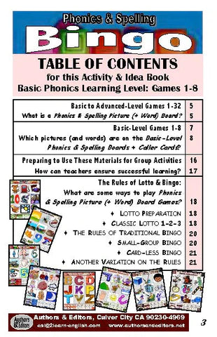 B-07a Phonics & Spelling Bingo - Basic Level (60-Page Activities & Ideas Book + 20 x 4 Pages of Games 1-8) (Print Version + Shipping)