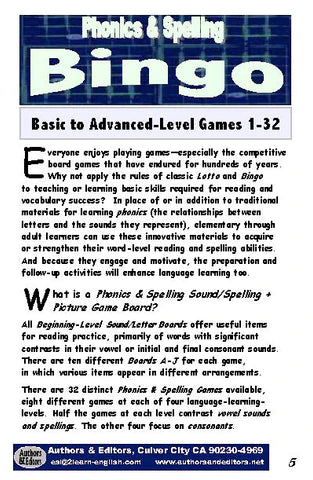 B-07b Phonics & Spelling Bingo - Beginning Level (60-Page Activities & Ideas Book + 20 x 4 Pages of Games 9-16) (Print Version + Shipping)