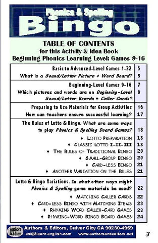 B-07b Phonics & Spelling Bingo - Beginning Level (60-Page Activities & Ideas Book + 20 x 4 Pages of Games 9-16) (Print Version + Shipping)