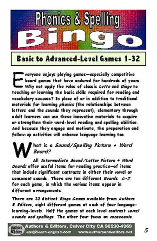 B-07c Phonics & Spelling Bingo - Intermediate Level (60-Page Activities & Ideas Book + 20 x 4 Pages of Games 17-24) (Print Version + Shipping)