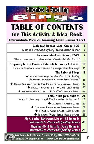 B-07c Phonics & Spelling Bingo - Intermediate Level (60-Page Activities & Ideas Book + 20 x 4 Pages of Games 17-24) (Print Version + Shipping)