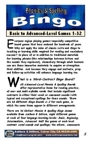 B-07d Phonics & Spelling Bingo - Advanced Level (60-Page Activities & Ideas Book + 20 x 4 Pages of Games 25-32) (Print Version + Shipping)