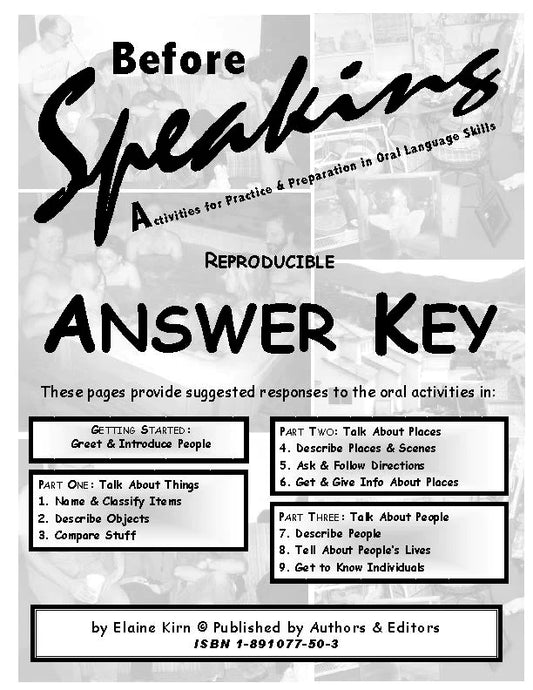 E-08b Before Speaking: Answer Key to Activities for Practice & Preparation in Oral Language Skills--Reproducible (Print Version + Shipping)