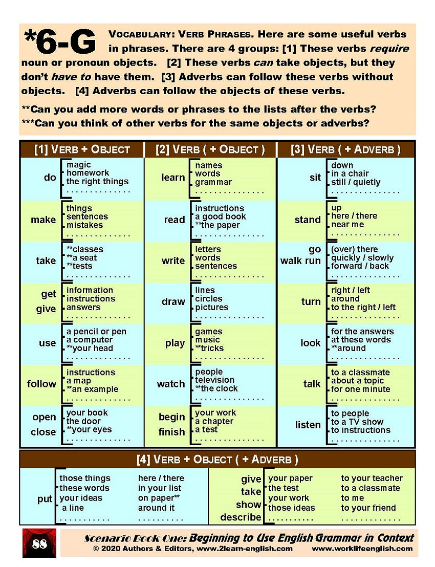 D-02.05 Get & Make Directive Sentences: Verbs (with Objects), (with Adverbs)