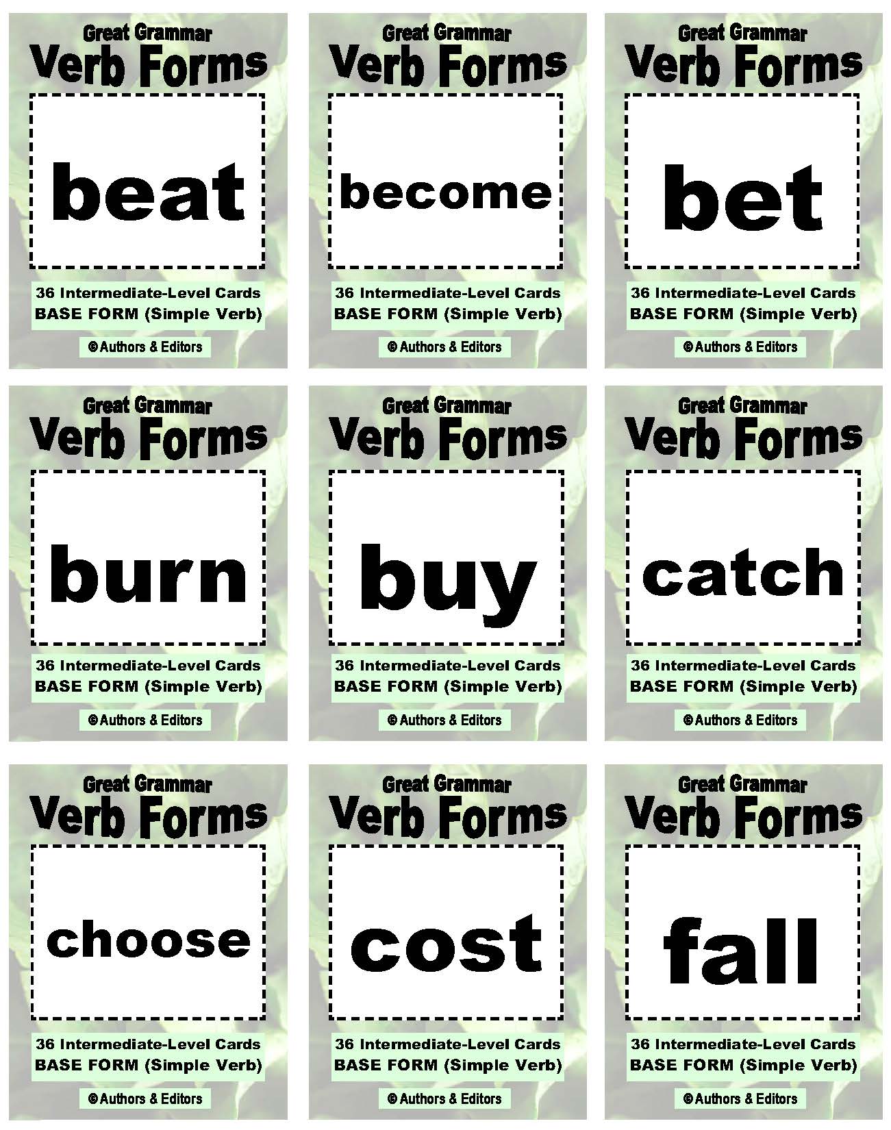 D-13.12 Get 108 Cards for 36 Verbs, Intermediate Base + Past-Form + Past Participles