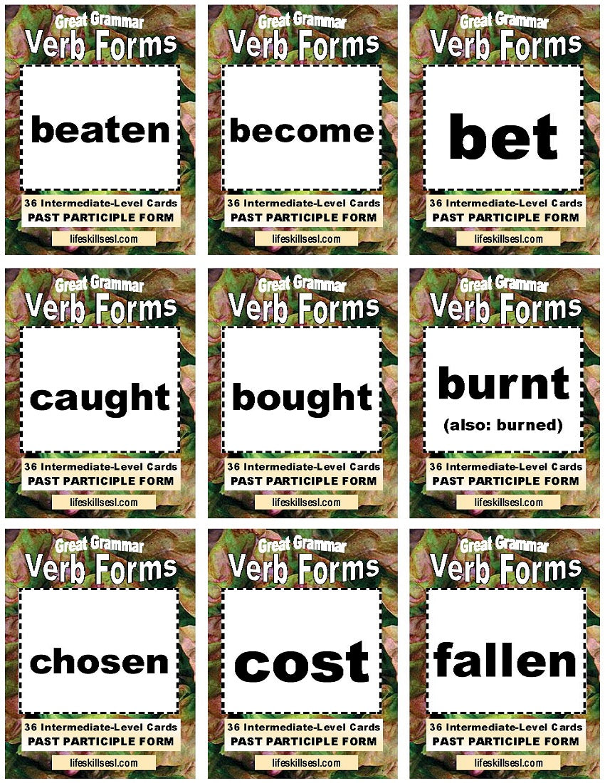 D-13.12 108-Cards, 36 Verbs; Intermediate Base + Past-Form + Past Participles