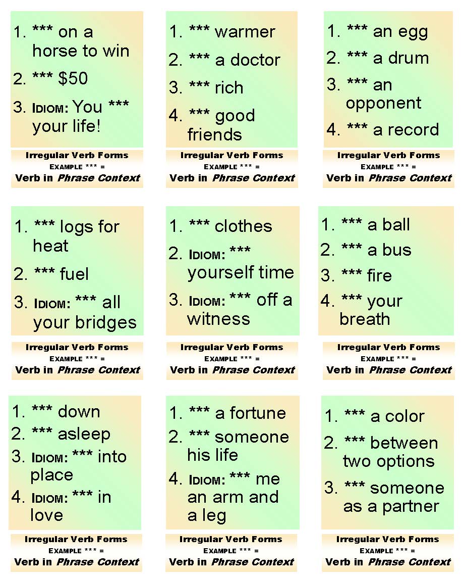 D-13.12 108-Cards, 36 Verbs; Intermediate Base + Past-Form + Past Participles