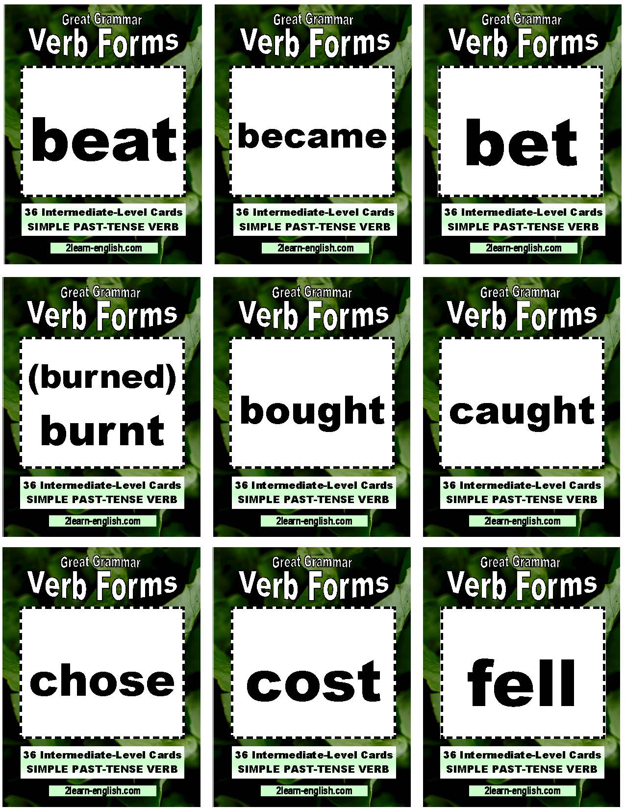 D-13.12 108-Cards, 36 Verbs; Intermediate Base + Past-Form + Past Participles