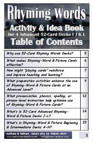 B-03c Advanced Rhyming Words Activities & Ideas Book + Advanced Rhyming Words 52-Card Decks I, J, K, L