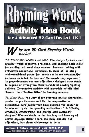 B-03c Advanced Rhyming Words Activities & Ideas Book + Advanced Rhyming Words 52-Card Decks I, J, K, L