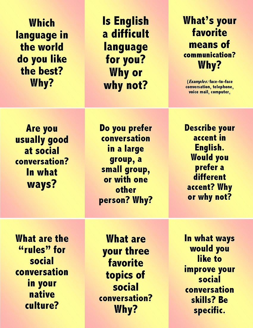 E-10.04b Get the Prep Word Done for You with 72 Open-Ended Questions for Social Conversation on Cards