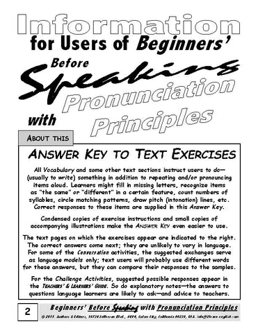 E. Beginners' Before Speaking with Pronunciation Principles: Reproducible Answer Key (Digital Version)