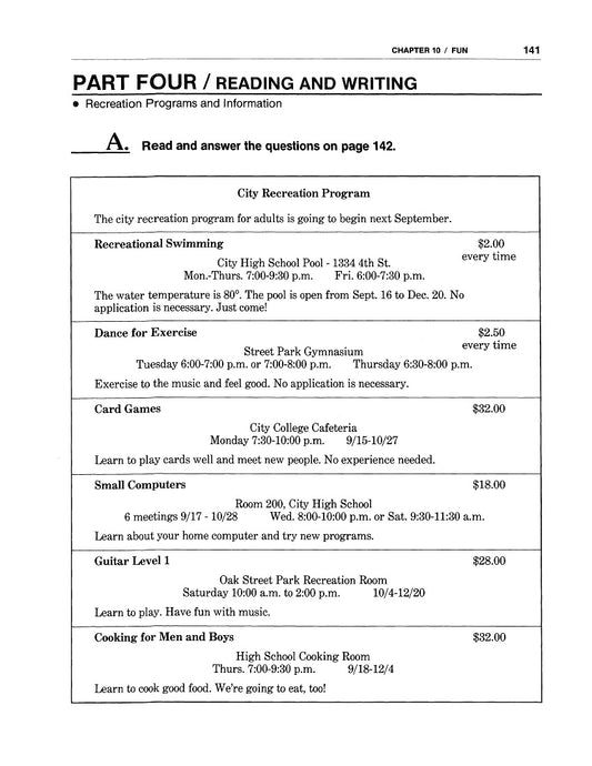 F-06.01 Consider a “Recreation Program”, Schedules, Tickets & Coupons, Link Vocabulary with Grammar