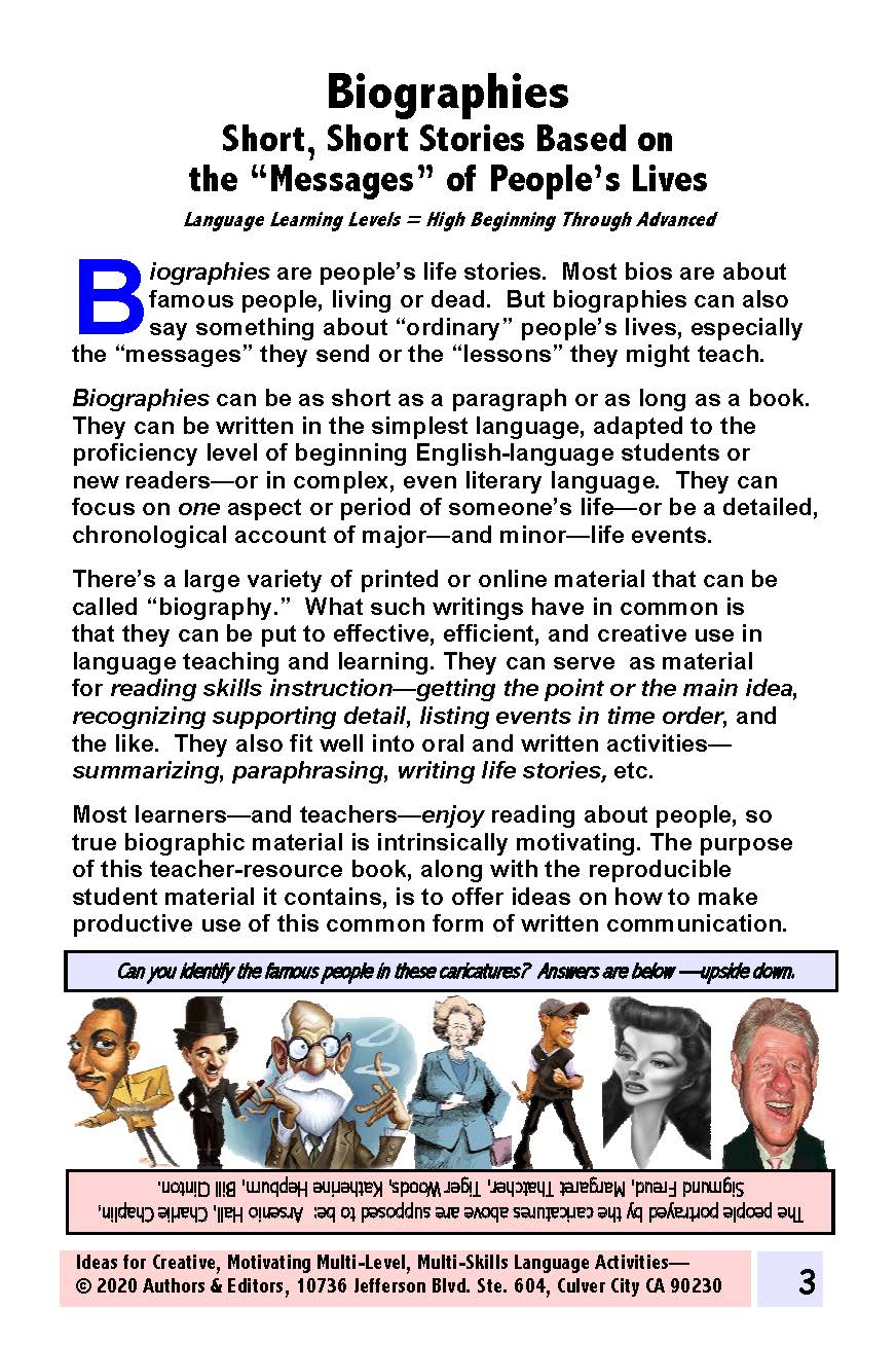 H-01b Biographies: Short, Short Stories Based on the “Messages” of People’s Lives (Condensed Starter Book)