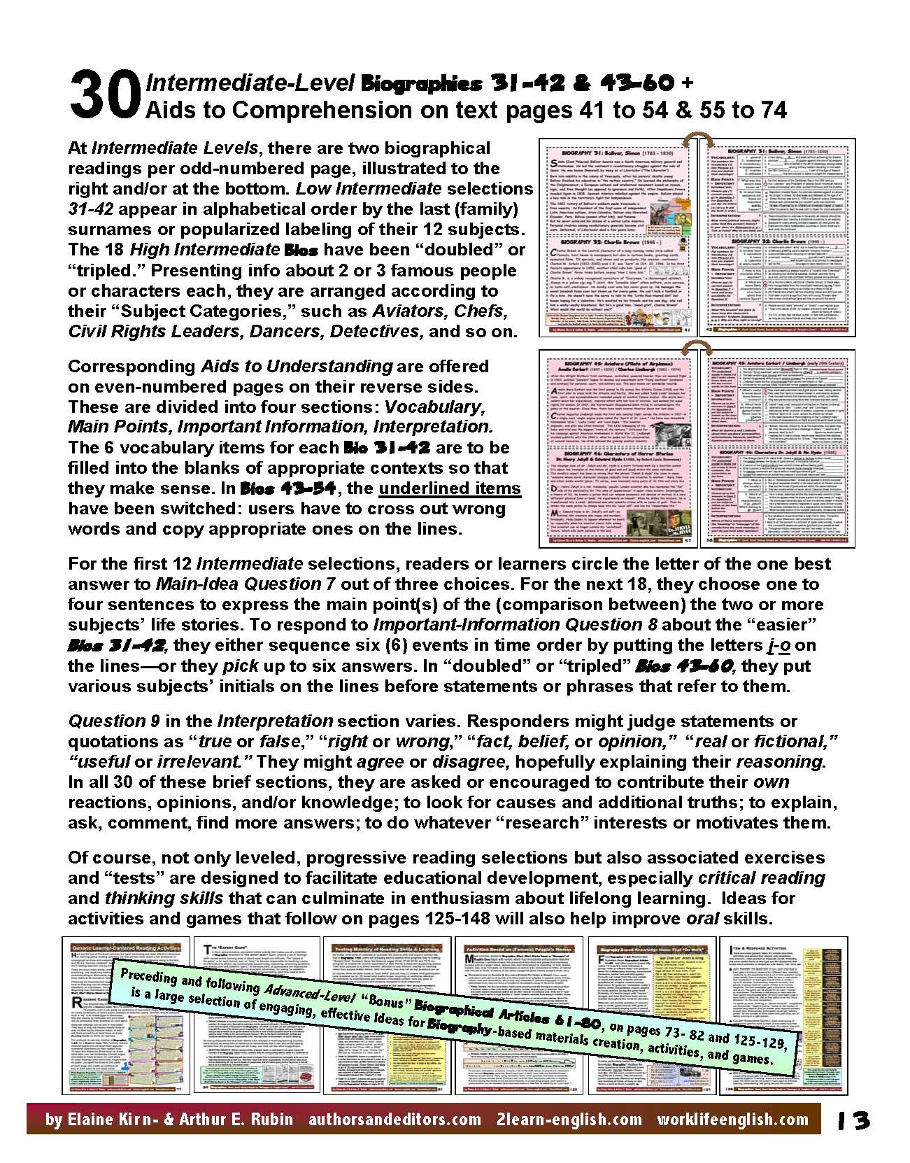 H-01.04 Get 30 Intermediate-Level Biographies with Aids to Comprehension & Tests of Mastery