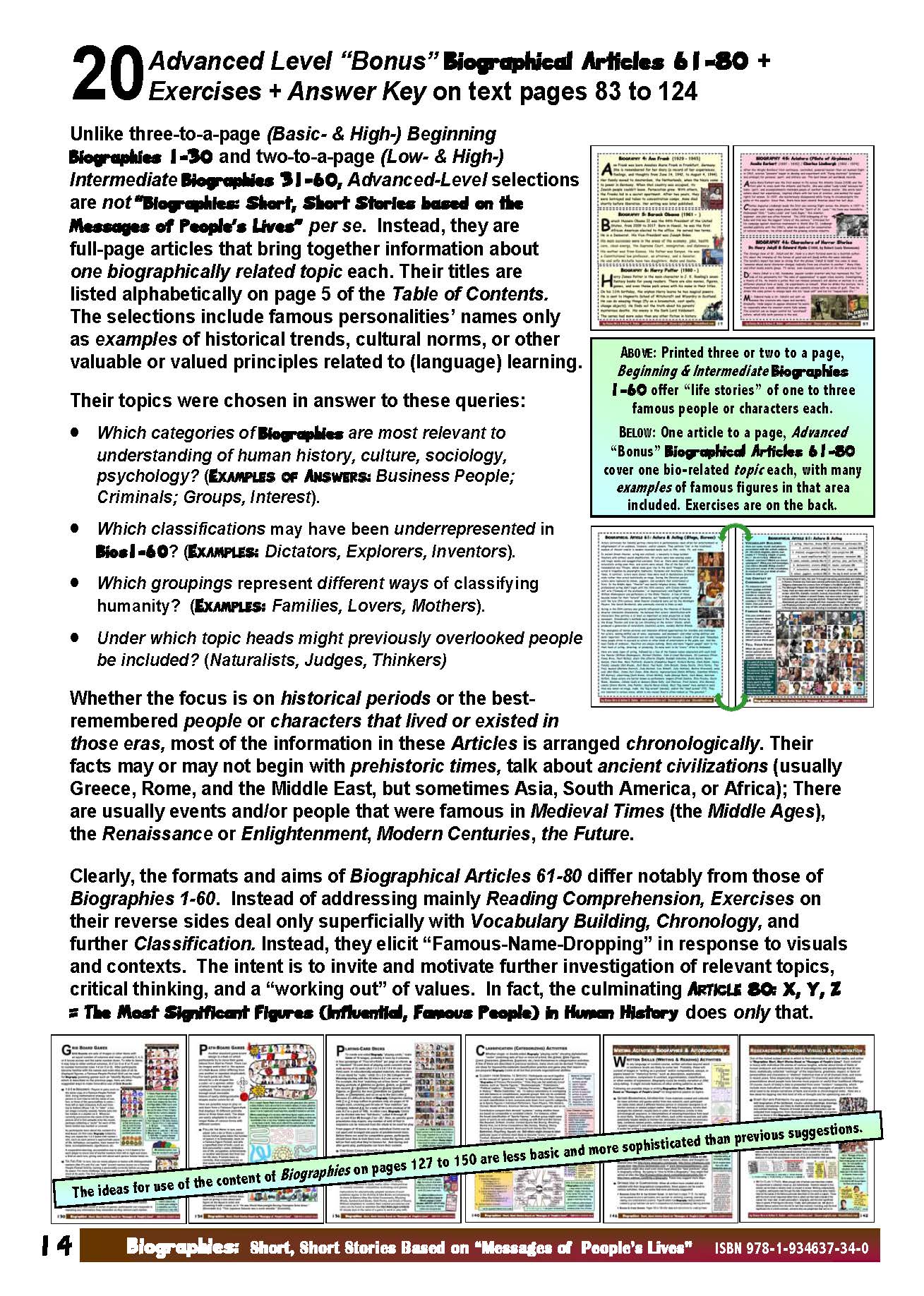 H-01.05 Get 20 Advanced-Level Biographical Articles 61-80 + Comprehension/Thinking Activities & Answers