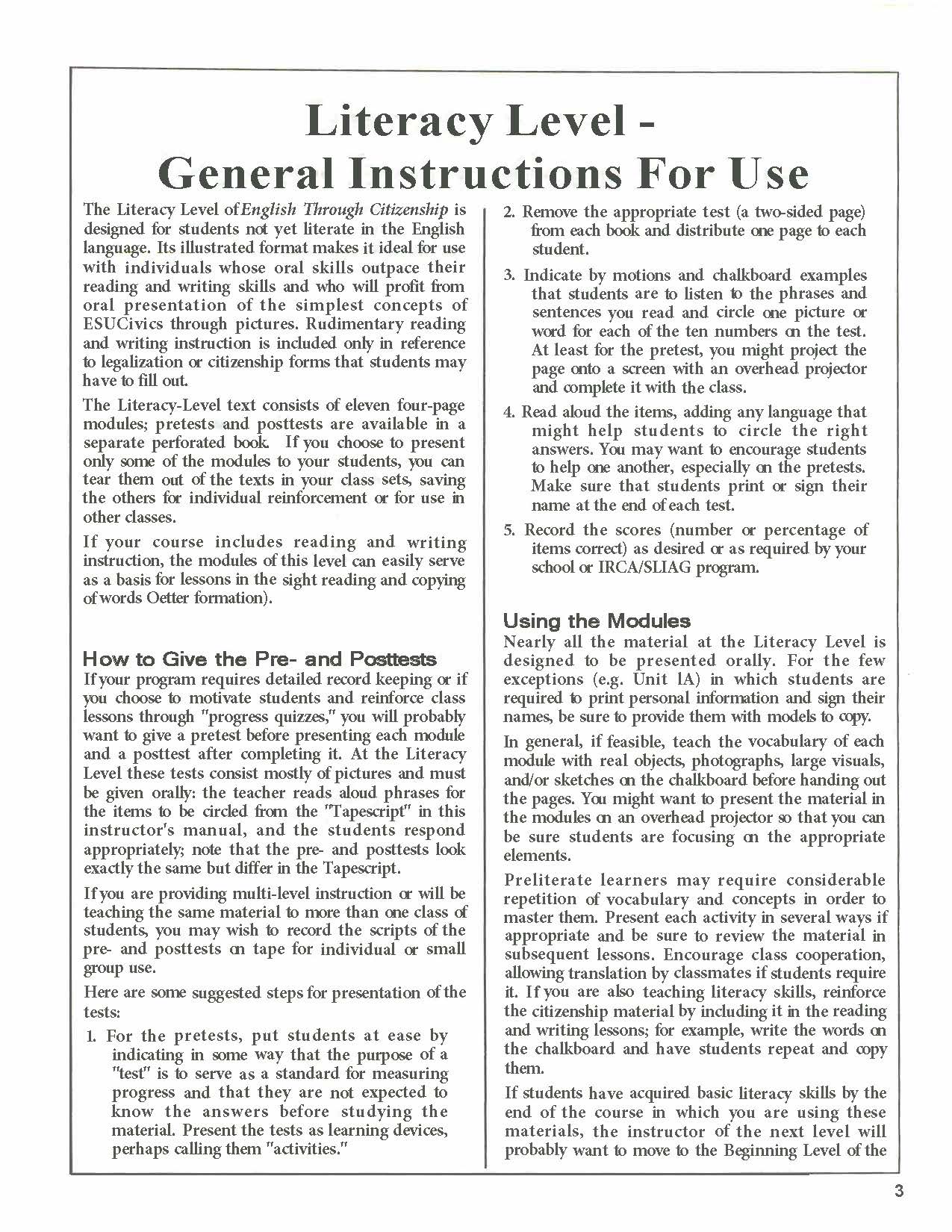 H-02.02 Teach / Learn English Through Citizenship: Literacy Level. Instructor’s Manual, Direction & Ideas on How to