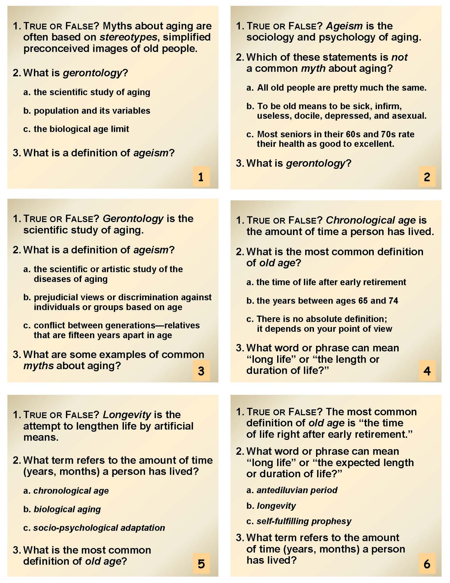 J-01 The Game of Knowledge: Agreeable Aging - Creative, Motivating Ways to Teach & Learn the Basics of the Science or Art of Aging + 6 Card Packs + Quiz Handouts