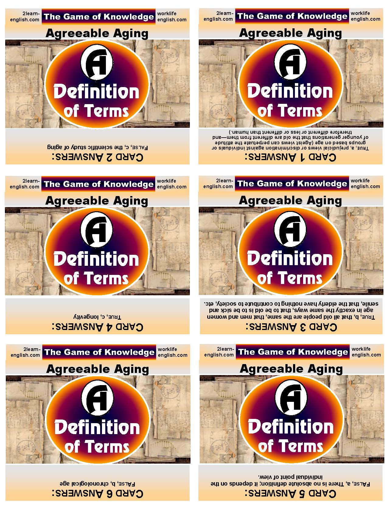 J-01.02 a & b Get 3 Versions (T/F, Multiple Choice, Short-Answer) of Questions & Answers About A. Definitions of Terms / B. Myth Vs. Fact With the Subject Matter of The Game of Knowledge: Agreeable Aging on 108 Two-Sided Cards