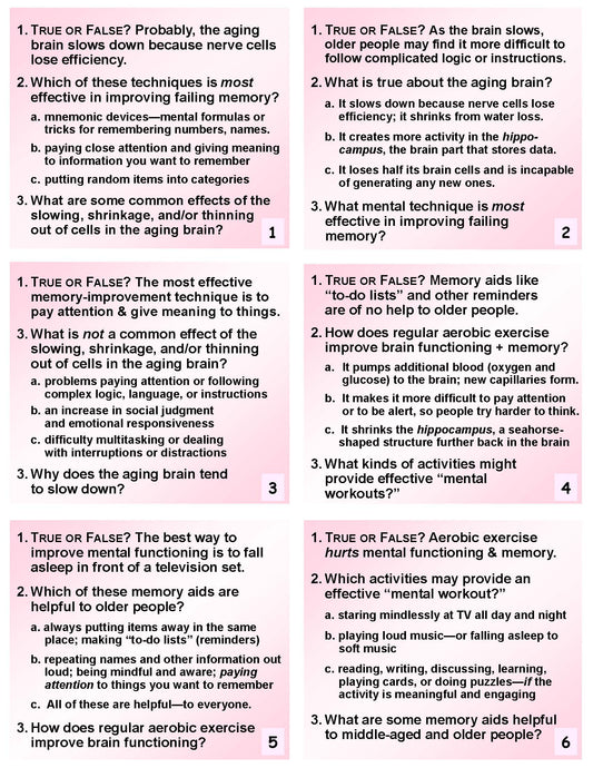 J-01.02 c & d Get 3 Versions (T/F, Multiple Choice, Short-Answer) of Questions & Answers About C. The Mind & Senses / D. Illness & Disability With the Subject Matter of The Game of Knowledge: Agreeable Aging on 108 Two-Sided Cards