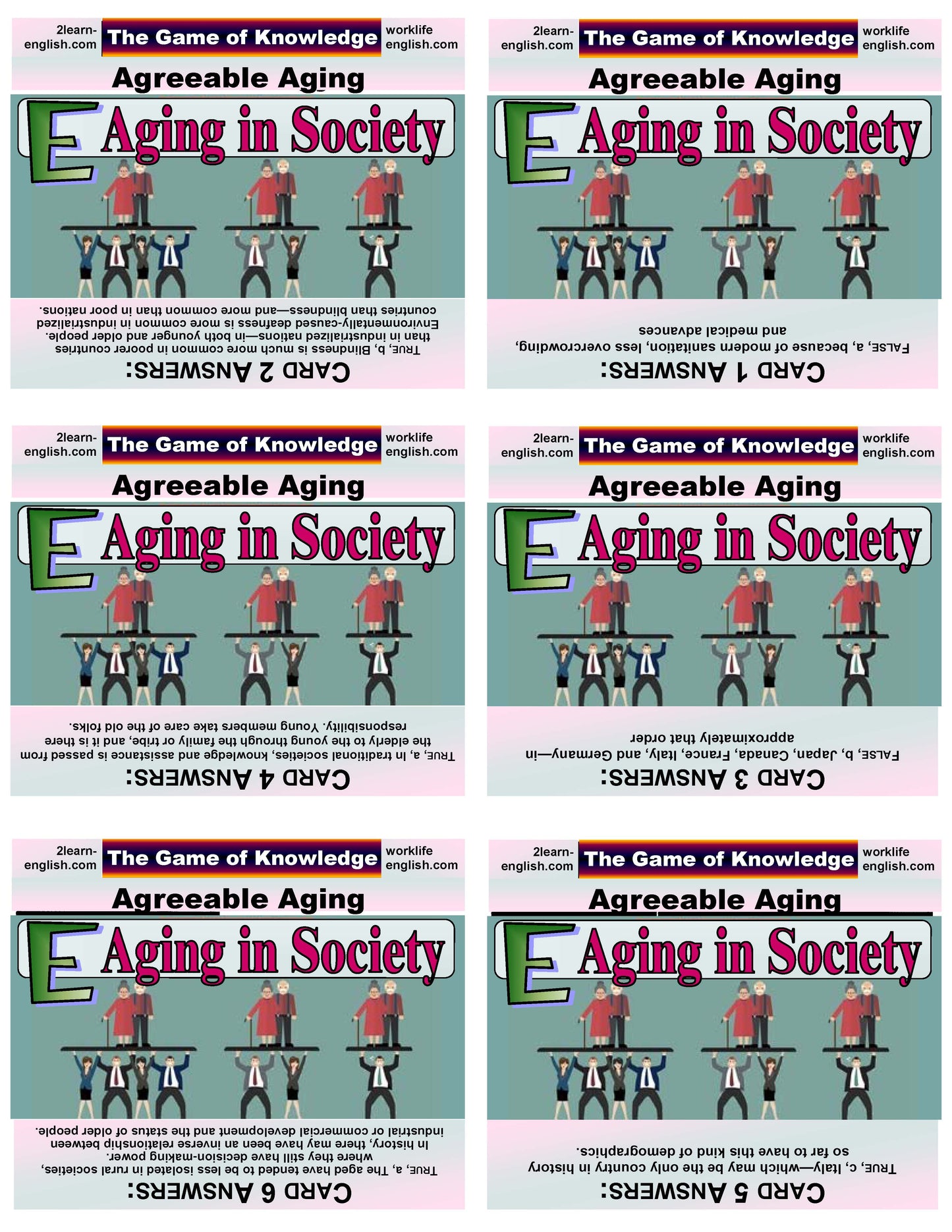 J-01.02 e & f. Get 3 Versions (T/F, Multiple Choice, Short-Answer) of Questions & Answers About E. Aging in Society / F. Success in Aging With the Subject Matter of The Game of Knowledge: Agreeable Aging on 108 Two-Sided Cards