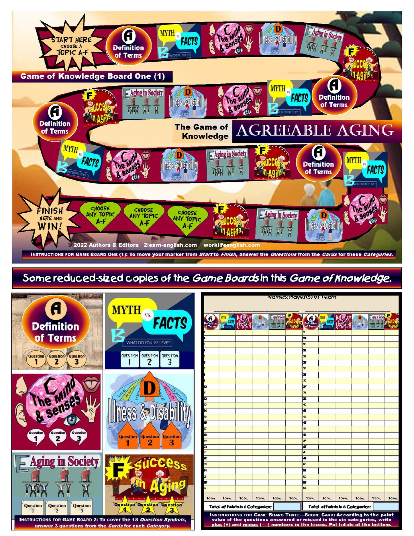 J-01 The Game of Knowledge: Agreeable Aging - Creative, Motivating Ways to Teach & Learn the Basics of the Science or Art of Aging + 6 Card Packs + Quiz Handouts