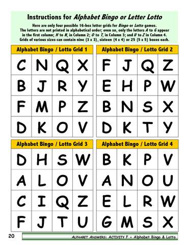 Instructions for Alphabet Bingo Free Sample