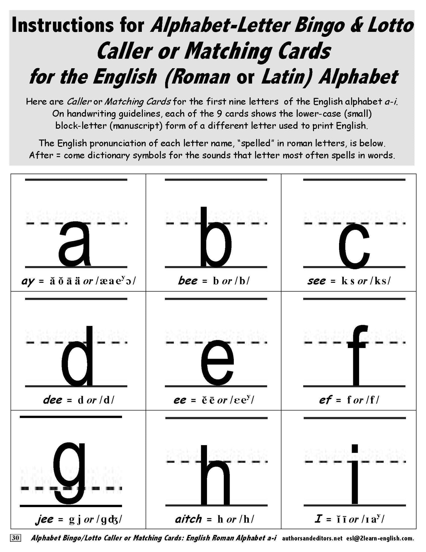 Instructions for Alphabet Bingo and Lotto with Roman or Latin Alphabet