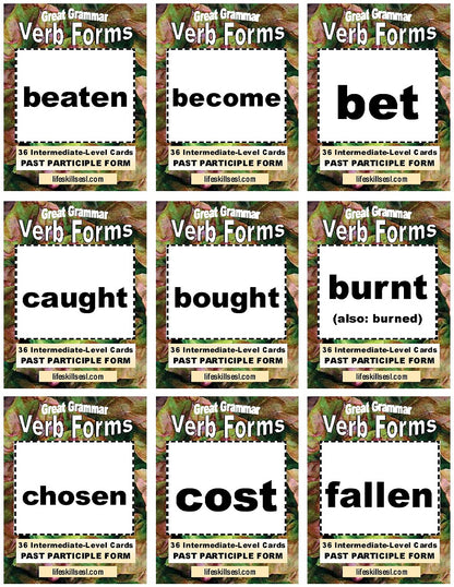 D-13.12 Get 108 Cards for 36 Verbs, Intermediate Base + Past-Form + Past Participles