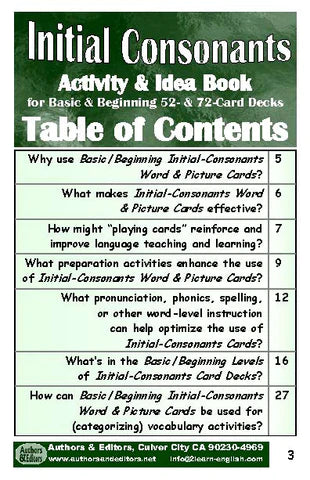 D. Initial Consonants <br/> Levels 1 & 2 = Basic & Beginning, 52- & 72-Card Decks, 72-Page Activities & Ideas Book