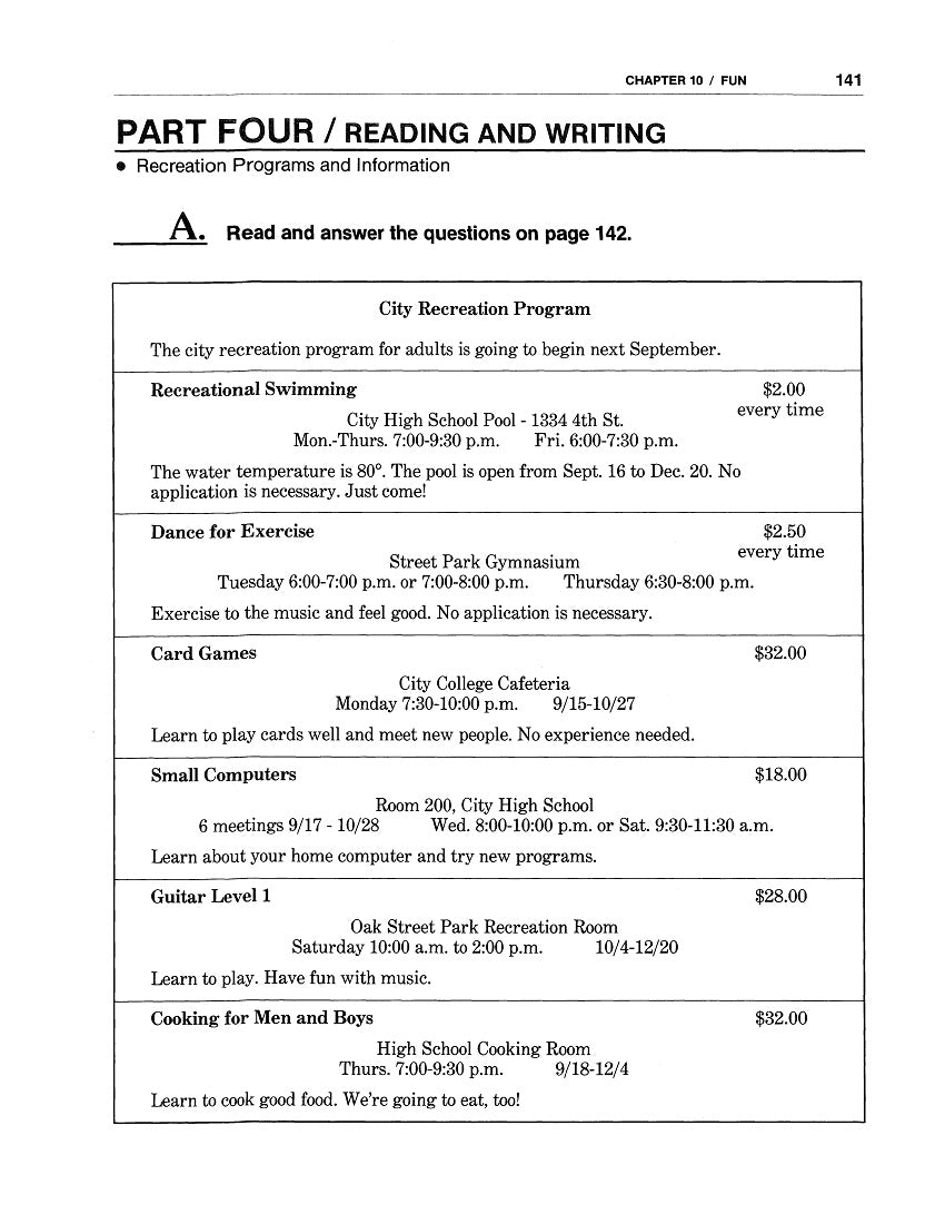 F-06.01 Consider a “Recreation Program,” Schedules, Tickets, & Coupons. Link Vocabulary with Grammar.