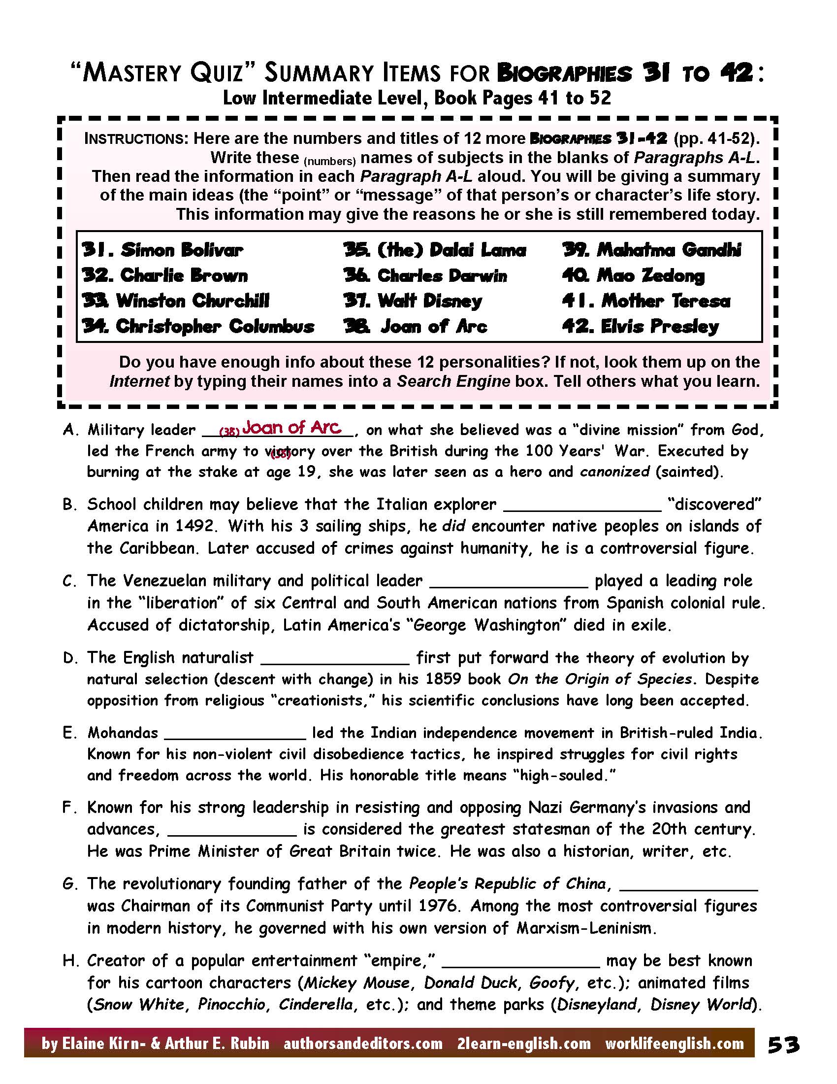 Biography Test Intermediate Biographies, Aids to Comprehension, & Tests – Work/Life ...