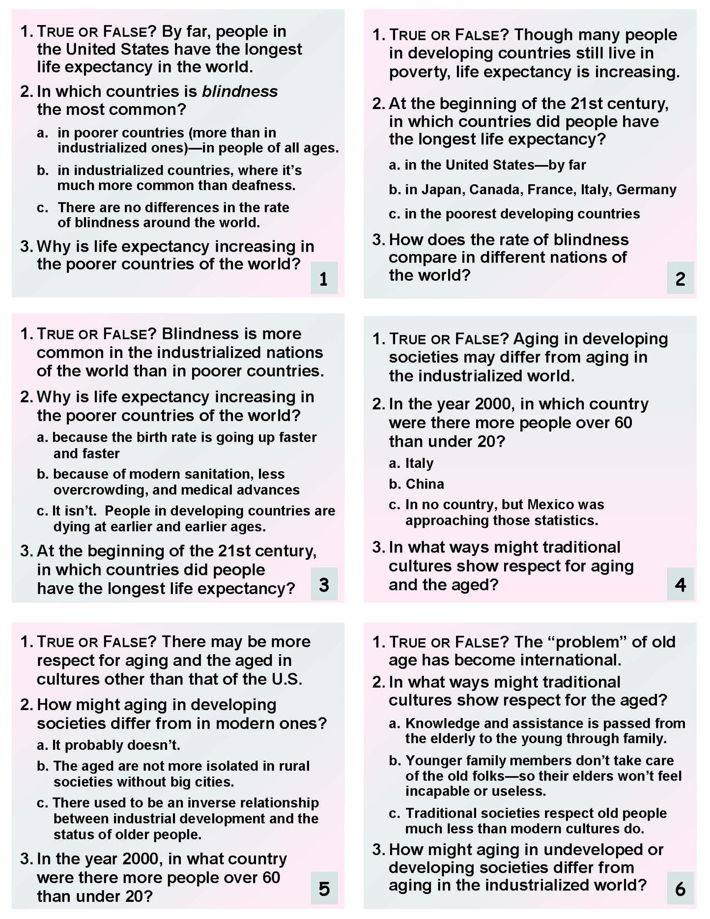 J-01.02 e & f. Get 3 Versions (T/F, Multiple Choice, Short-Answer) of Questions & Answers About E. Aging in Society / F. Success in Aging With the Subject Matter of The Game of Knowledge: Agreeable Aging on 108 Two-Sided Cards