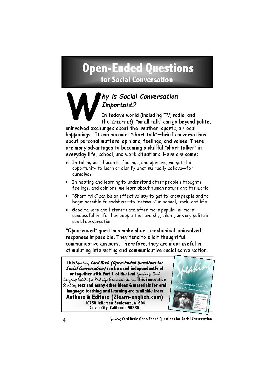 E-12 Open-Ended Questions for Social Conversation (Printed Version + Shipping)